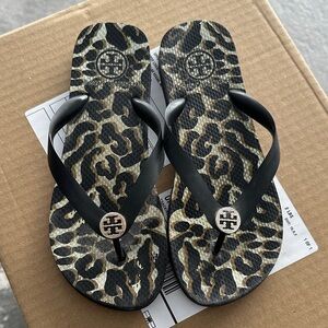 Tory Burch Animal Print Flip Flops with Black Straps
